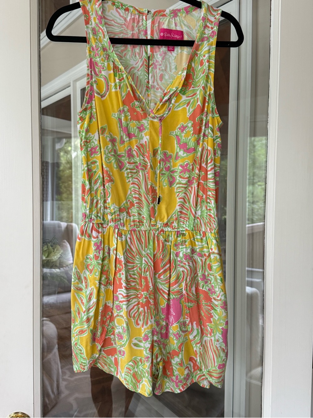 Lilly Pulitzer Yellow Floral Coral Tie-Front Romper w/ gold tassel. BEACH wear M